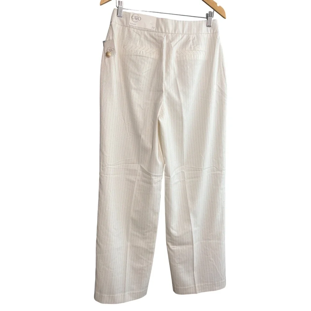 Cato Women White Gold Metallic Pinstripe Wide Leg Old Money Dress Pants Trouser